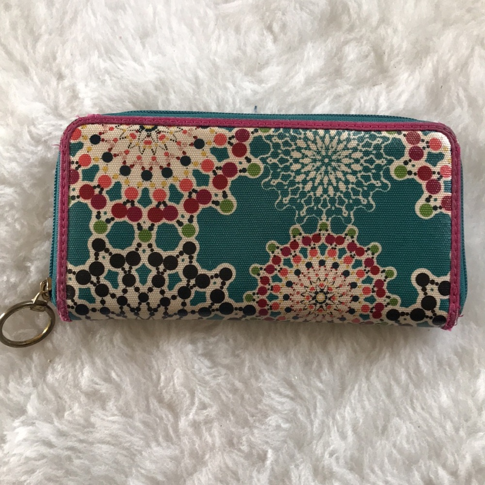 Fossil Zip Around Coated Canvas Wallet Teal Pink - image 2